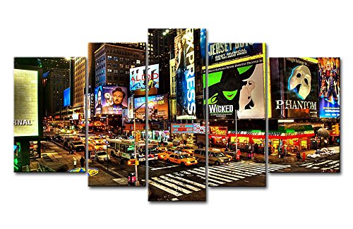 Product Cover 5 Panel Wall Art Painting City Night Broadway Street Pictures Prints On Canvas City The Picture Decor Oil for Home Modern Decoration Print