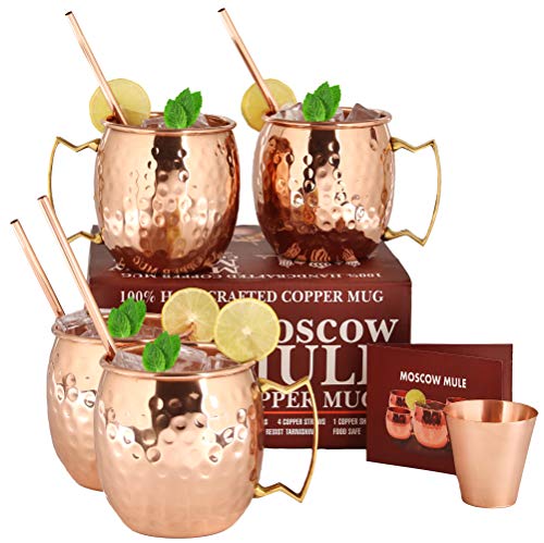 Product Cover Moscow Mule Copper Mugs - Set of 4-100% HANDCRAFTED Food Safe Pure Solid Copper Mugs - 16 oz Gift Set with BONUS: Highest Quality 4 Cocktail Copper Straws and 1 Shot Glass with Recipe Booklet!