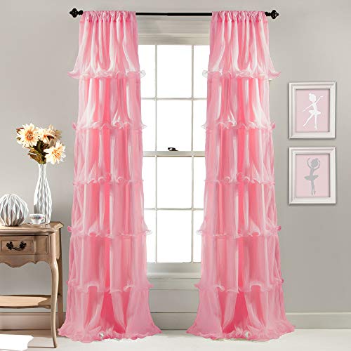 Product Cover Lush Decor Nerina Sheer Ruffled Textured Pink Window Panel for Living, Dining Room, Bedroom (Single Curtain), 84 by 54-Inch