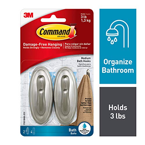 Product Cover Command Traditional Plastic Bath Hooks Value Pack, Medium, Brushed Nickel, 2-Hooks (17051BNB-2ES)