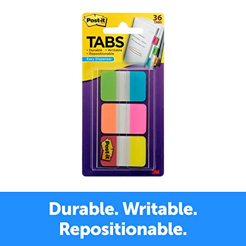 Product Cover Post-it Tabs, 1 in. Solid, Aqua, Yellow, Pink, Red, Green, Orange, Durable, Writable, Repositionable, Sticks Securely, Removes Cleanly, 6/Color, 36/Dispenser, (686-ALOPRYT)