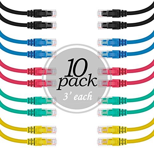 Product Cover Ethernet Cable CAT6 3 FT - 10-PACK 3 FEET Each - By Ultra Clarity - Category 6 Network Wire UTP CAT 6 ( 0.91 meters ) Premium Snagless Patch Cord - 3FT LAN Cable Bulk Multiple Colors For Internet Connections