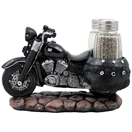 Product Cover Classic Motorcycle Glass Salt and Pepper Shaker Set with Decorative Retro Road Hog Display Holder As Biker Bar and Kitchen Table Decorations for Vintage Chopper & Bike Riders or Gifts for Bikers