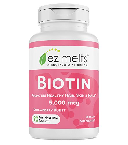 Product Cover EZ Melts Biotin for Hair, Skin, Nails, 5,000 mcg, Sublingual Vitamins, Vegan, Zero Sugar, Natural Strawberry Flavor, 90 Fast Dissolve Tablets