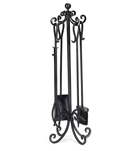 Product Cover Plow & Hearth Crest Scroll Design Solid Steel Fireplace Tool Set with Tongs, Shovel, Broom, Poker and Stand 12 Dia. x 34.75 H Black Finish