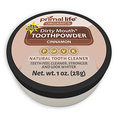 Product Cover Primal Life Organics | Dirty Mouth Organic Tooth Powder | Gently Polishes, Whitens, Re-Mineralizes, Strengthens Teeth | 1 Ounce (3 Month Supply) | Cinnamon