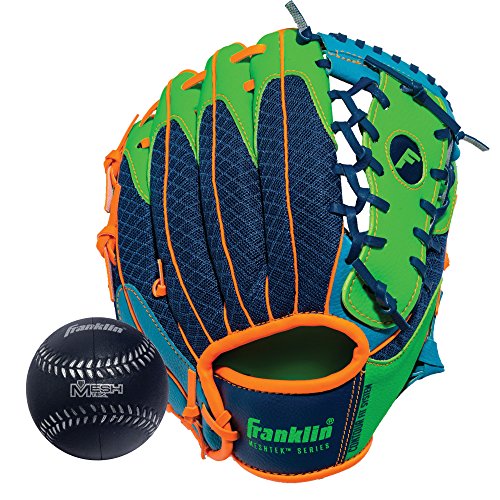 Product Cover Franklin Sports Teeball Glove - Left and Right Handed Youth Fielding Glove - Meshtek Series - Synthetic Leather Baseball Glove - Ready To Play Glove - 9.5 Inch Left Hand Throw with Ball - Navy/Lime/Orange