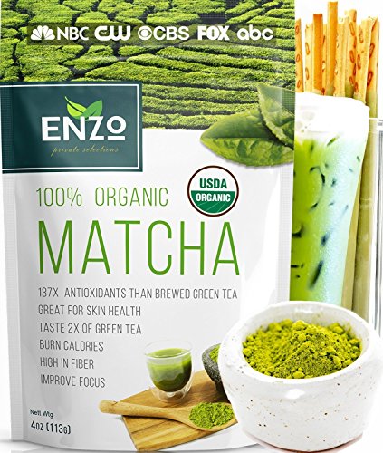 Product Cover Organic Matcha Green Tea Powder by Enzo Full with Strong Milky Flavour, Easy to Dissolve in Hot Water. Perfect for Latte, Ice cream, waffles and baking (4oz)
