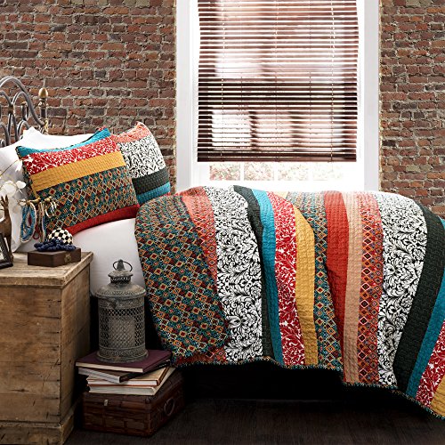Product Cover Lush Decor Boho Stripe Quilt Reversible 3 Piece Bohemian Design Bedding Set - King - Turquoise and Tangerine
