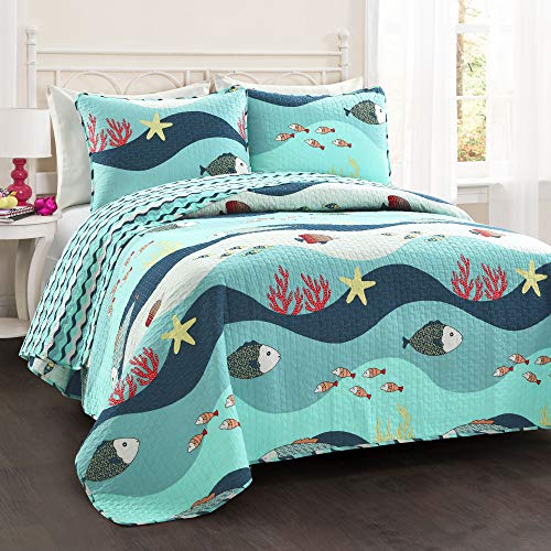 Product Cover Lush Decor Sealife Fish Ocean Wave Reversible 2 Piece Blue Quilt Bedding Set, Twin,