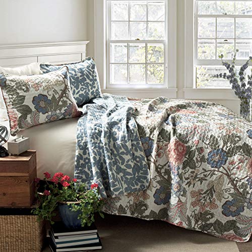 Product Cover Lush Decor Sydney Quilt Floral Leaf Print 3 Piece Reversible Bedding Set, King, Green Blue
