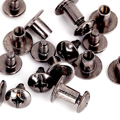 Product Cover Round Flat Head Chicago Screws Buttons for Leather Crafting, 1/4 Inches (6mm) Repair Screw Post Fastener, Metal Nail Rivet Studs, Black Gunmetal, 30 Sets, Diameter 5/16 Inches (8mm)