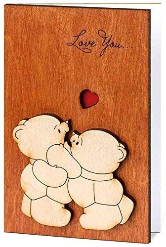 Product Cover Handmade Real Wood Love You Teddy Bears Funny Happy Birthday B Valentines Day Greeting Card 5th 5 Dating Wedding Valentine Wooden Gift for Him Her Boy Girl Mom Dad Boyfriend Girlfriend Husband Wife e