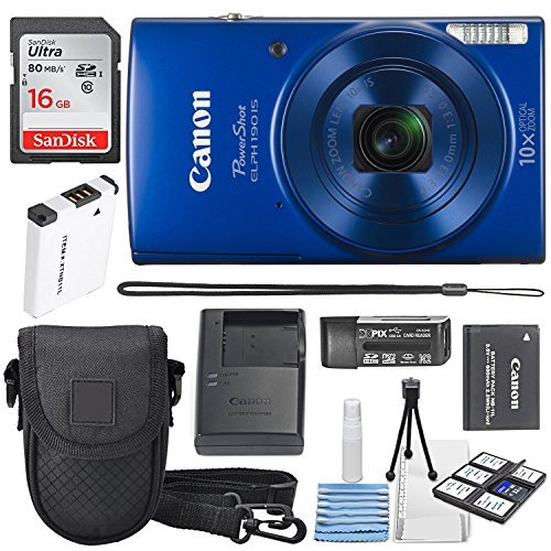 Product Cover Canon PowerShot ELPH 190 IS Digital Camera (Blue) with 10x Optical Zoom and Built-In Wi-Fi with 16GB SDHC + Replacement battery + Protective camera case Along with Deluxe Cleaning Bundle