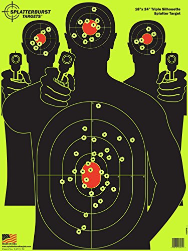 Product Cover Splatterburst Targets - 18 x 24 inch - Triple Silhouette Reactive Shooting Target - Shots Burst Bright Fluorescent Yellow Upon Impact - Gun - Rifle - Pistol - Airsoft - BB Gun - Air Rifle (10 Pack)