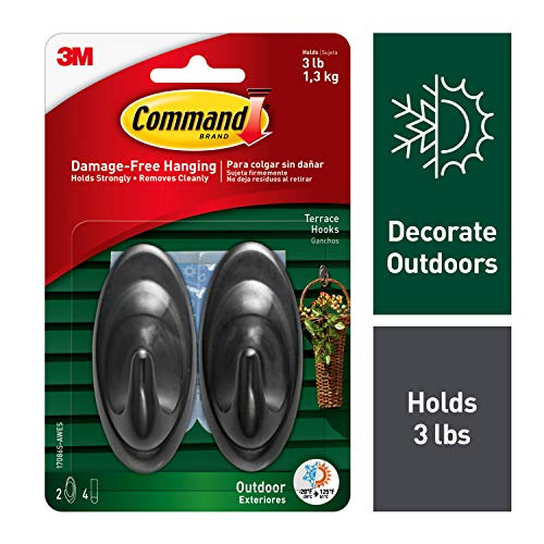 Product Cover Command Outdoor 3 lb Capacity Medium Terrace Hooks, Black, Water-Resistant Strips, 2 hooks, 4 strips, Decorate Damage-Free (17086S-AWES)
