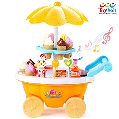 Product Cover ToyVelt Ice Cream Toy Cart Play Set for Kids - 59-Piece Pretend Play Food - Educational Ice-Cream Trolley Truck with with Music & Lighting - Great Gift for Girls and Boys Ages 2 - 12 Years Old