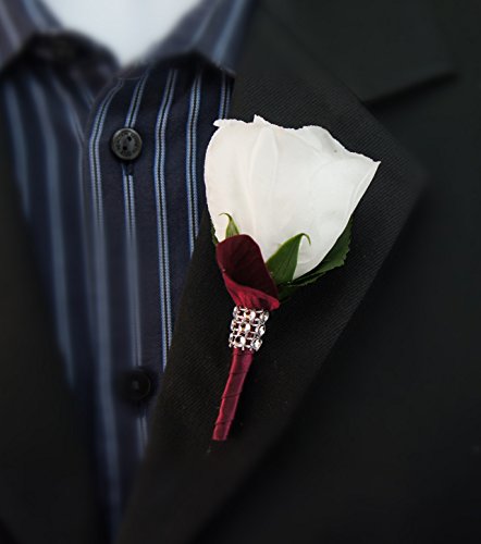Product Cover Boutonniere - White Rose with Burgundy Rose Petal, Burgundy Ribbon Stem