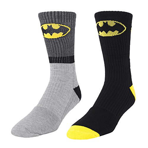Product Cover DC Comics Batman Logo 2 Pair Men's Athletic Crew Socks Gray Stripe & Black shoe size 6-12