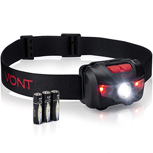 Product Cover Vont LED Headlamp, Super Bright LEDs, Compact Build, 5 Modes, Headlight with White-Red LEDs, Comfy Adjustable Strap, IPX6 Waterproof, Use Head Lamp for: Running, Camping, Hiking (Black & Red)