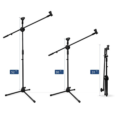 Product Cover Microphone Stand, Ohuhu Tripod Boom Mic Stands with 2 Mic Clip Holders, Adjustable, Collapsible, Black