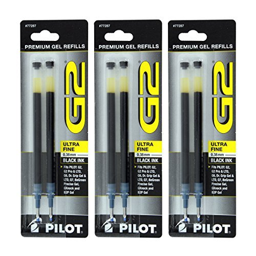 Product Cover Pilot G2, Dr. Grip Gel/Ltd, ExecuGel G6, Q7 Rollerball Gel Ink Pen Refills, 0.38mm, Ultra Fine Point, Black Ink, Pack of 6