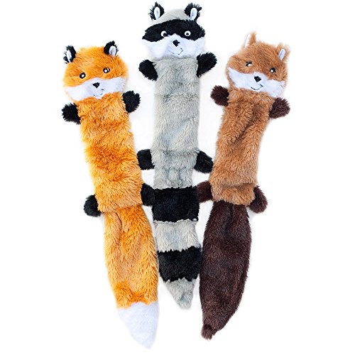 Product Cover ZippyPaws - Skinny Peltz No Stuffing Squeaky Plush Dog Toy, Fox, Raccoon, and Squirrel - Large