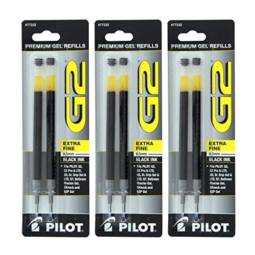 Product Cover Pilot G2, Dr. Grip Gel/Ltd, ExecuGel G6, Q7 Rollerball Gel Ink Pen Refills, 0.5mm, Extra Fine Point, Black Ink, Pack of 6