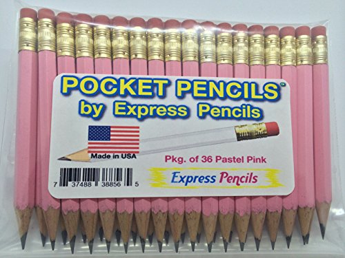 Product Cover Half Pencils with Eraser - Golf, Classroom, Pew, Short, Mini - Hexagon, Sharpened, 2 Pencil, Color - Pastel Pink, Pkg of 36 Pocket Pencils by Express Pencils