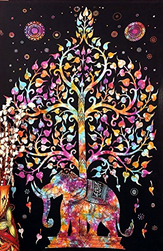 Product Cover Marubhumi Tree of Life Psychedelic Wall Hanging Elephant Tapestry, Multi/Black, 55x86-Inches