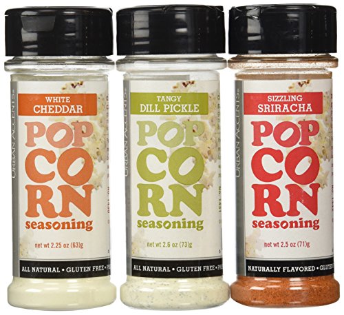 Product Cover Urban Accents All Natural Gluten Free Premium Popcorn Seasoning Variety Pack: (1) Sizzling Sriracha Popcorn Seasoning, (1) White Cheddar Popcorn Seasoning, and (1) Tangy Dill Pickle Popcorn Seasoning, 2.25-2.6 Oz. Ea. by Urban Accents
