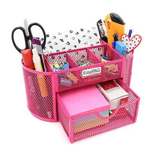 Product Cover EasyPAG Mesh Desk Organizer Pencil Holder 9 Compartments with Drawer,Pink