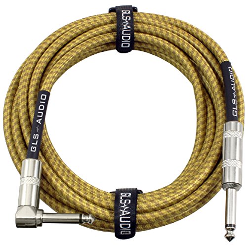Product Cover GLS Audio 20 Foot Guitar Instrument Cable - Right Angle 1/4 Inch TS to Straight 1/4 Inch TS 20 FT Brown Yellow Tweed Cloth Jacket - 20 Feet Pro Cord 20' Phono 6.3mm - SINGLE