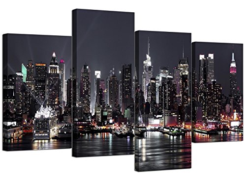 Product Cover Wallfillers Canvas Pictures of New York Skyline for Your Living Room - NYC Cityscape Prints - Modern Split Set of 4 City Canvases - Multi Panel - XL - 130cm Wide