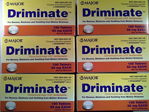 Product Cover [6 Pack] DriminateÂ® Dimenhydrinate 50mg 100 Ct for Nausea, Dizziness and Vomiting From Motion Sickness (Pack of 6 Bottles) *Compare to the Same Active Ingredients Found in DramamineÂ® & Save*