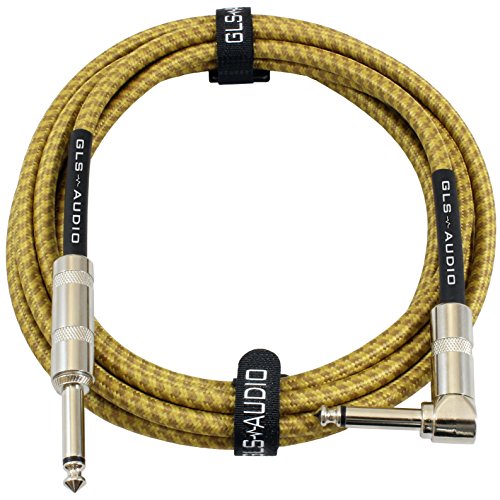 Product Cover GLS Audio 10 Foot Guitar Instrument Cable - Right Angle 1/4 Inch TS to Straight 1/4 Inch TS 10 FT Brown Yellow Tweed Cloth Jacket - 10 Feet Pro Cord 10' Phono 6.3mm - Single