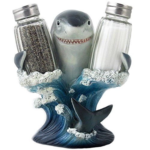 Product Cover Decorative Great White Shark Glass Salt and Pepper Shaker Set with Holder Figurine for Beach Bar or Tropical Kitchen Decor Sculptures & Table Decorations by Home 'n Gifts