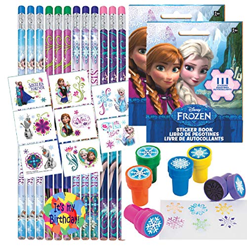 Product Cover Birthday Party Favor Set for 12 - 12 Frozen Pencils, 16 Frozen Tattoos, 12 Sticker Sheets, 12 Snowflake Stampers