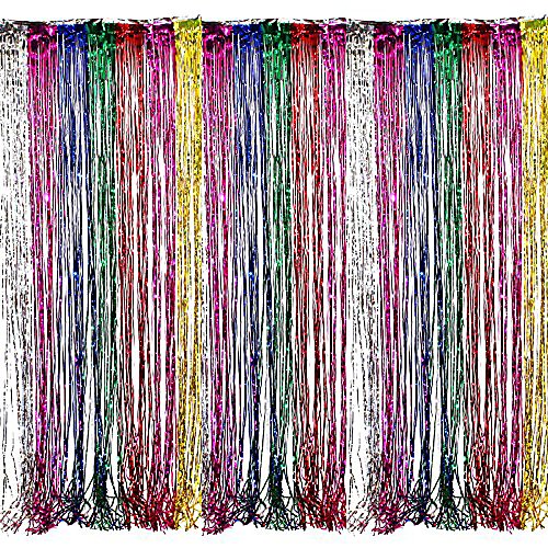 Product Cover Adorox Metallic Silver Gold Rainbow Photo Backdrop Foil Fringe Curtains Party Wedding Event Decoration (Metallic Rainbow)