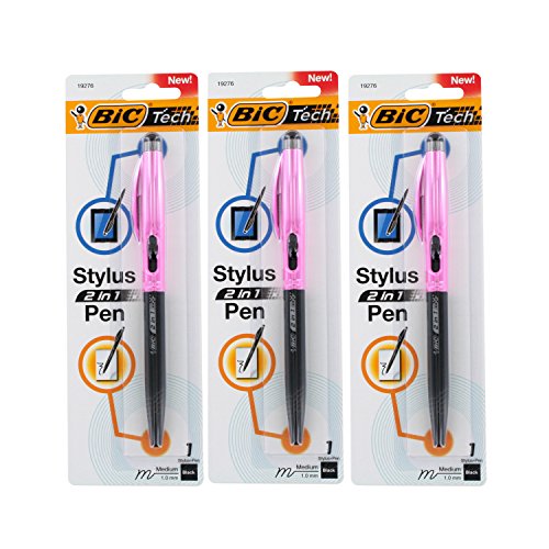 Product Cover BIC Tech 2 in 1 Retractable Ball Pen and Stylus, Medium Point, 1.0mm, Black Ink - Pack of 3 (Pink Barrel)