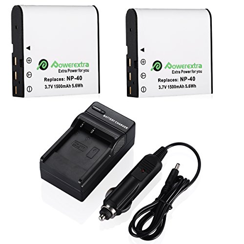 Product Cover Powerextra 2 x NP-40 Battery and Charger Compatible with Casio NP-40, Casio Exilim EX-Z600, EX-Z750, EX-Z1000, EX-Z1050, EX-Z1080, EX-Z1200, Kodak AZ421(Free Car Charger Available)