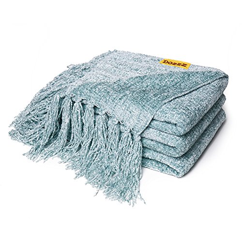 Product Cover DOZZZ Fluffy Chenille Knitted Throw Blanket with Decorative Fringe for Home Décor Bed Sofa Couch Chair Aqua