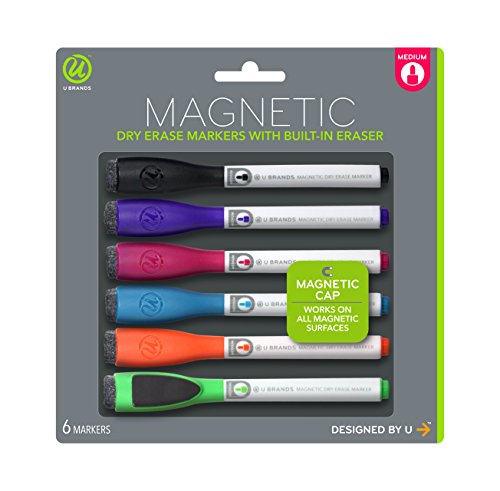 Product Cover U Brands Low Odor Magnetic Dry Erase Markers with Erasers, Medium Point, Assorted Colors, 6-Count