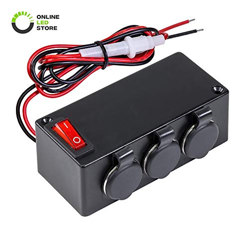 Product Cover ONLINE LED STORE Automotive DC Power Outlet Extension w/On-Off Switch [Heavy Duty] [12V-24V] [15 Amp] [in-Line Fuse] [Hardwire] Car Triple Socket Cigarette Lighter Plug Switch Box