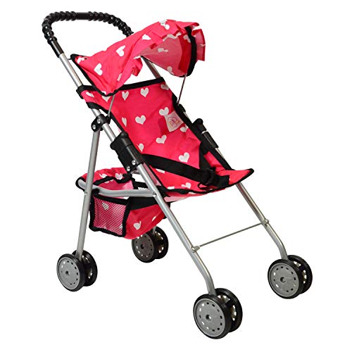Product Cover The New York Doll Collection My First Doll Stroller with Basket & Heart Design Foldable Doll Stroller, Pink