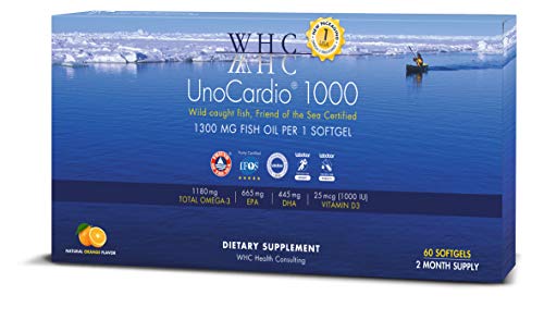 Product Cover WHC - UnoCardio 1000 (60 Softgels) - 1300 mg of Pure Triglyceride Fish Oil with high Concentration Omega-3 (1180 mg), 665 mg EPA and 445 mg DHA and 25 mcg (1000 IU) Vitamin D3 per softgel