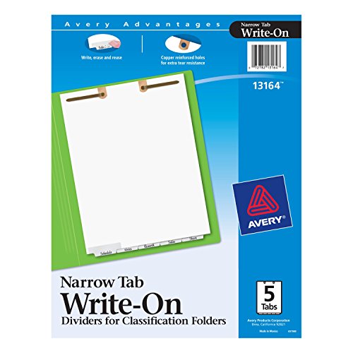 Product Cover Avery Write-On Dividers for Classification File Folders, 5-Narrow Bottom Tabs per Set, 2-Hole Top Punched at the Top of Each Page (13164)
