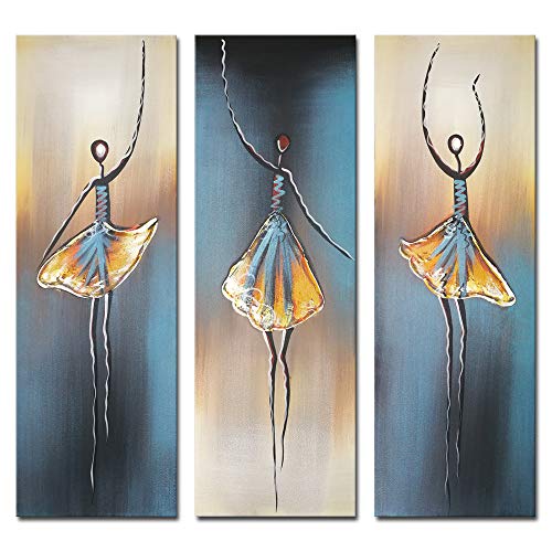 Product Cover Wieco Art 3 Piece Dancing Ballerina Canvas Oil Paintings Wall Art Decor Large 100% Hand Painted Modern Gallery Wrapped Grey Ballet Dancers Artwork Home Decorations for Living Room Bedroom Kitchen L