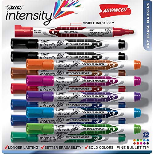 Product Cover BIC Intensity Advanced Dry Erase Marker, Fine Bullet Tip, Assorted Colors, 12-Count