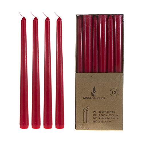 Product Cover Mega Candles 12 pcs Unscented Red Taper Candle, Hand Poured Wax Candles 10 Inch x 7/8 Inch, Home Décor, Wedding Receptions, Baby Showers, Birthdays, Celebrations, Party Favors & More